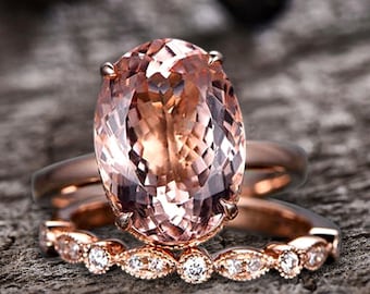11x9mm Oval Schnitt 4,5 Karat Pfirsich Morganit Solitär 10 k Rose Gold Braut Ring Set