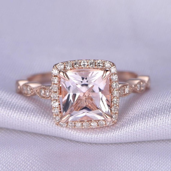 Antique Design 1.50 Carat Peach Pink Morganite Engagement Ring With Moissanite Diamonds With 18k Rose Gold Plating