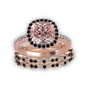 2.50 Carat Morganite Ring With Black Diamond Moissanite Halo Trio Set Solid 925 Sterling Silver With 18k Rose Gold Plating