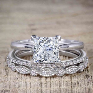 1.75 Carat 6mm Princess Cut Moissanite Diamond Engagement Ring Trio Bridal Ring Set in 10k White Gold