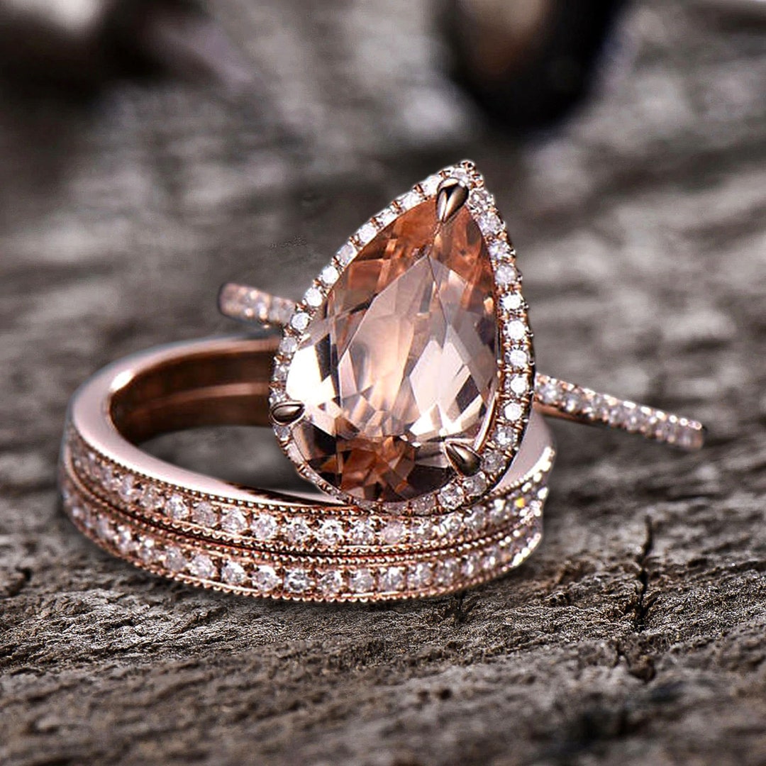 4.75 Carat 11x8mm Pear Shape Morganite Engagement Ring Wedding Set 10k ...