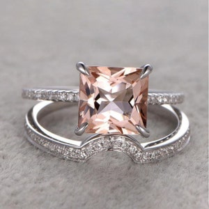 1.75 Carat Peach Pink Morganite 6mm Princess Cut Moissanite Diamond Engagement Ring Wedding Bridal Set With 18k Gold Plating