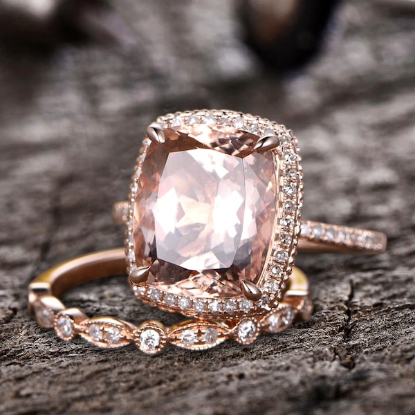 Conjunto de aliança de casamento morganita estilo gravura floral com almofada de 5,25 quilates 10 mm ouro rosa 10k