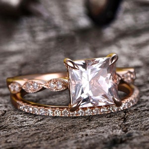 4 Carat 8mm Princess Cut Morganite 10k Rose Gold Wedding Set Art Deco Stacking Matching Band