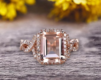 Infinity Loop 1.50 Carat 7x5mm Emerald Cut Pink Morganite Engagement Ring 10k Rose Gold Halo Art Deco Moissanite Diamond Anniversary Gift