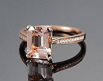 Limited Time Sale Antique 1.25 Carat Peach Pink Morganite 7x5mm Emerald Cut And Diamond Moissanite Engagement Ring in 10k Rose Gold