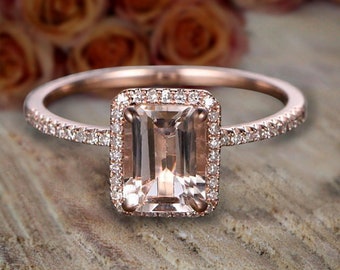 Classic Halo Art Deco 1.50 Carat 7x5mm Emerald Cut Peach Pink MorganiteAnd Diamond Moissanite Halo Engagement Ring in 10k Rose Gold