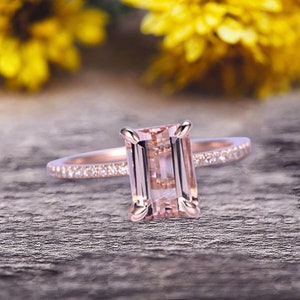 Milgrain Art Deco 1.25 Carat 7x5mm Emerald Cut Morganite And Diamond Moissanite Engagement Ring Custom Ring 10K Rose Gold Classic Design