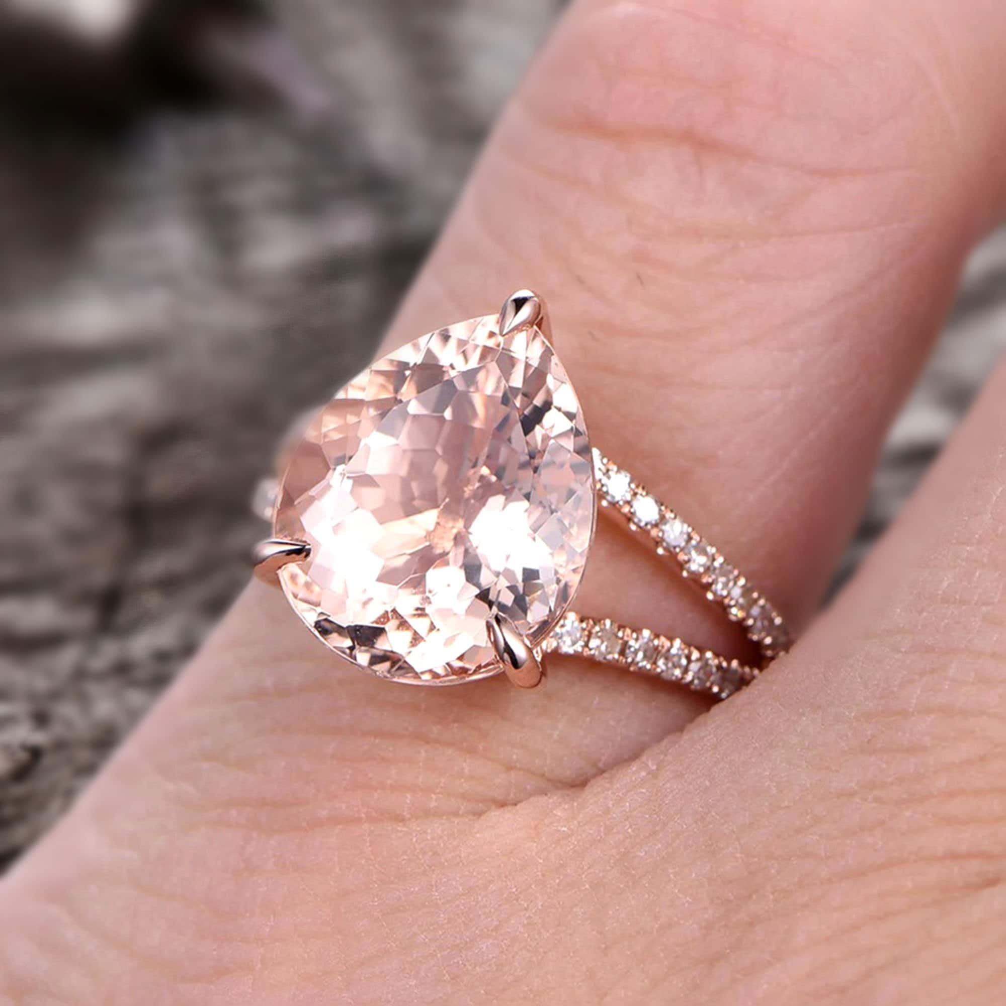 11x8mm Pear Shape 4 Carat Morganite Engagement Ring Wedding Ring 10k Rose Gold Big Stone Split Shank Claw Prongs