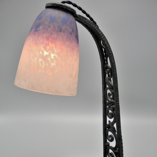Unusual French wrought iron Art Deco Table lamp with Pate de Verre tulip glass shade (ca 1925)