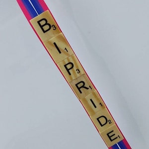 Op de afbeelding: Een close-up van een roze en blauw lint met het woord "PRIDE" gespeld met lettertegels. Elke tegel heeft een numerieke waarde.