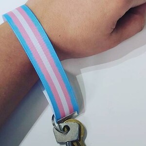 Puede incluir: Un cord&oacute;n de mu&ntilde;eca con los colores de la bandera del orgullo transg&eacute;nero: azul claro, rosa y blanco. El cord&oacute;n est&aacute; sujeto a un llavero plateado que sostiene dos llaves, una plateada y otra dorada.