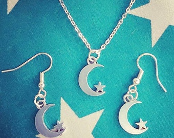 moon and star necklace and earrings.