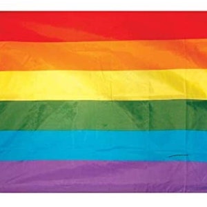 May include: A rainbow pride flag with six horizontal stripes in the colors red, orange, yellow, green, blue, and purple.