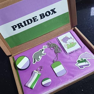 May include: A box labelled "PRIDE BOX" with a green, white and purple flag design on the lid. The box contains a variety of pride-themed items, including stickers, a keychain, a necklace and a button.