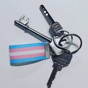 Puede incluir: Un juego de llaves en un llavero plateado, que incluye una llave de esqueleto y una llave con una cinta con la bandera del orgullo trans. La cinta presenta rayas azul claro, rosa y blanco. Las llaves est&aacute;n sobre una superficie blanca.