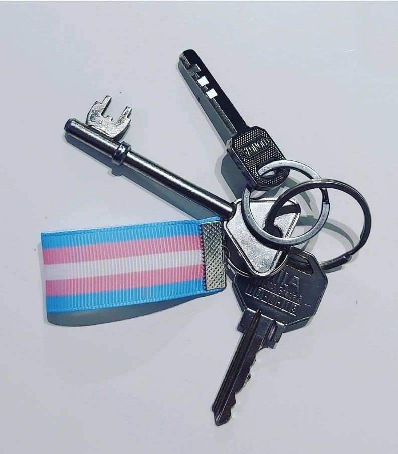 Puede incluir: Un juego de llaves en un llavero plateado, que incluye una llave de esqueleto y una llave con una cinta con la bandera del orgullo trans. La cinta presenta rayas azul claro, rosa y blanco. Las llaves est&aacute;n sobre una superficie blanca.