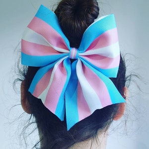 Könnte beinhalten: Eine große blaue, rosa und weiße gestreifte Schleife mit einer mittleren Schlaufe. Die Schleife ist im Haar einer Person gebunden.