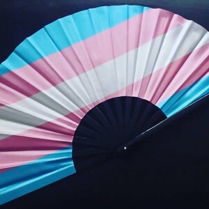 May include: A hand fan with a blue, pink, and white striped design. The fan is made of fabric and has a black wooden handle.