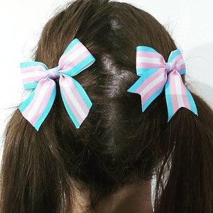 Op de afbeelding: Twee blauwe en roze gestreepte haarstrikken gebonden in paardenstaarten. De strikken zijn vastgebonden met een simpele knoop.