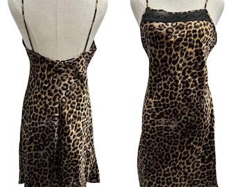 Vintage Secret Treasures Leopard Animal Print Satin Slip Nightgown Size Medium