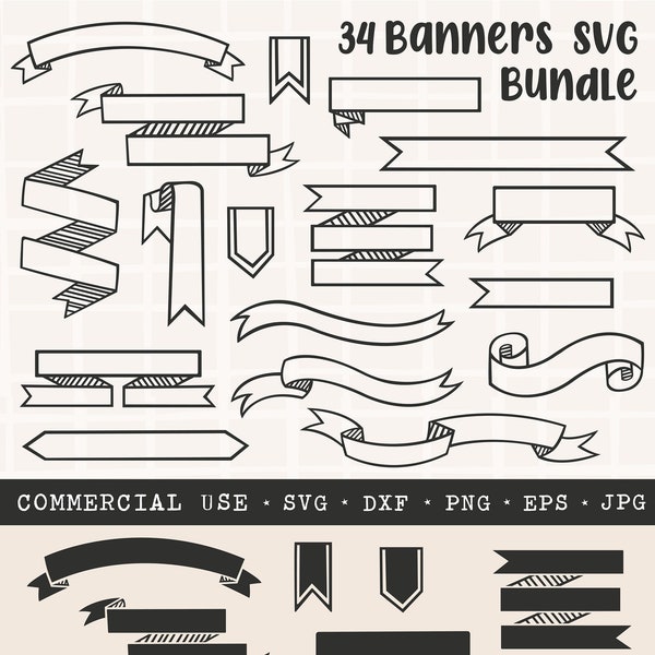 34 Banner SVG Bundle / Banner SVG / Hand Drawn Svg / Banners Clip Art / Bunting svg  / Ribbon svg / Svg Doodles / Scroll svg / Banner Bundle