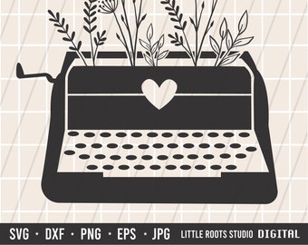 May include: Black and white silhouette of a vintage typewriter with a heart above the keys.  A bouquet of stylized flowers is in the carriage.