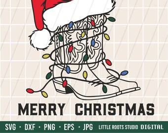 Könnte beinhalten: Eine Schwarzweißillustration eines Cowboystiefels mit einem Weihnachtsmann-Hut oben drauf. Der Stiefel ist mit Weihnachtslichtern umwickelt. Der Text "Merry Christmas" befindet sich unter dem Stiefel.
