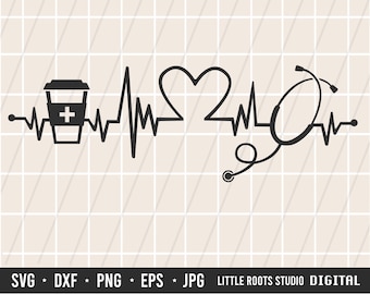May include: Black and white graphic design of a heartbeat with a coffee cup, a heart, and a stethoscope. The coffee cup has a plus sign on it.