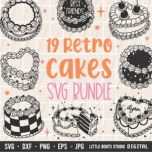 Pacote Svg de bolos retrô / Bolo de aniversário Svg / Bolo dos namorados Svg / Chá de panela Svg / Festa de despedida de solteira Svg / Bolos de coração / Svg retrô