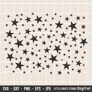 Op de afbeelding: Zwarte sterren van verschillende groottes zijn verspreid over een lichtbeige achtergrond met een rasterpatroon. De afbeelding bevat de tekst "SVG * DXF * PNG * EPS * JPG LITTLE ROOTS STUDIO DIGITAL".