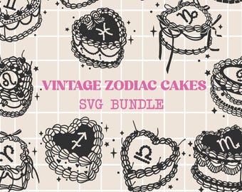 Vintage Zodiac Cake SVG-bundel: Retro verjaardagsillustraties (digitale download)