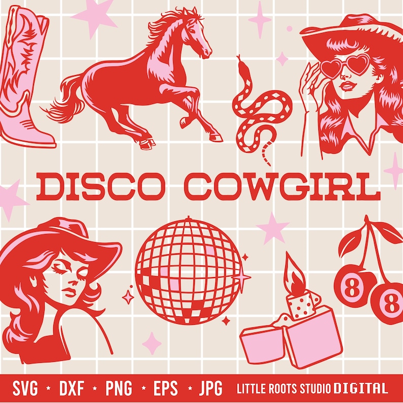 K&ouml;nnte beinhalten: Roter und rosa digitaler Clipart-Satz mit einer Discokugel, Cowboystiefeln, einem Pferd, einer Schlange, einer Kirsche, einem Feuerzeug und einer Cowgirl mit Sonnenbrille. Der Text "DISCO COWGIRL" befindet sich in der Mitte des Bildes.