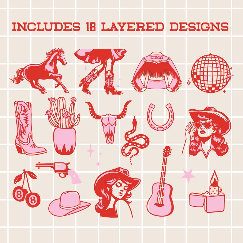 K&ouml;nnte beinhalten: Ein Set mit 18 &uuml;bereinanderliegenden digitalen Designs mit einer Vielzahl von rosa und roten Illustrationen, darunter ein Pferd, Cowboystiefel, ein Kaktus, ein Sch&auml;del, eine Schlange, ein Hufeisen, eine Discokugel, eine Gitarre, ein Feuerzeug, Kirschen und eine Frau mit Cowboyhut.