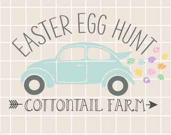 May include: A light blue car with the text "Easter Egg Hunt" and "Cottontail Farm" in a whimsical design. Colorful Easter eggs trail behind the car. The background is a grid pattern, perfect for Easter-themed crafts.