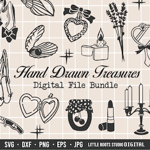Coquette Svg / Pacote Treasures Svg / Laço Coquette Svg / Thrifting Svg / Medalhão de Coração Svg / Estética Svg / Desenhado à Mão Svg / Retro Svg