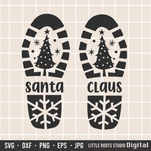 May include: Black and white digital design featuring two Santa Claus footprints. Each footprint includes a Christmas tree, stars, and the words "santa" and "claus". A snowflake design is at the bottom of each footprint.