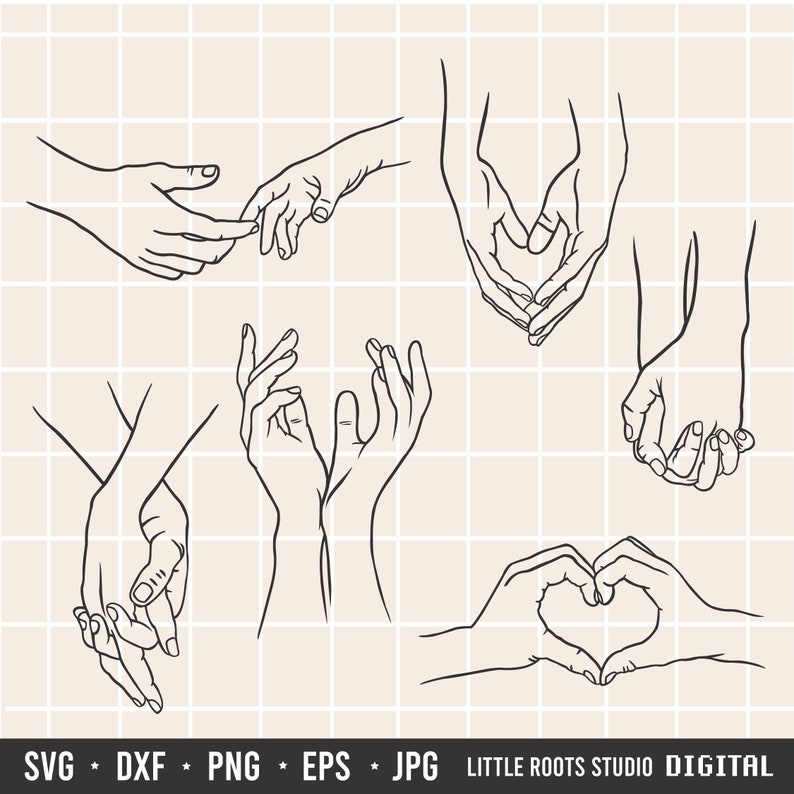 Peut inclure: Un ensemble de six dessins au trait noir et blanc de diff&eacute;rents gestes de la main. Les mains sont dessin&eacute;es dans un style simple et minimaliste. Les gestes incluent se tenir la main, une forme de c&oelig;ur et un doigt pointant.