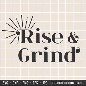 Pode incluir: Design gráfico preto e branco com um raio de sol e o texto "Rise & Grind".