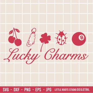 May include: Red graphic design with the text "Lucky Charms" and five lucky charms: a four-leaf clover, a ladybug, a cherry, a horseshoe, and a 8-ball.