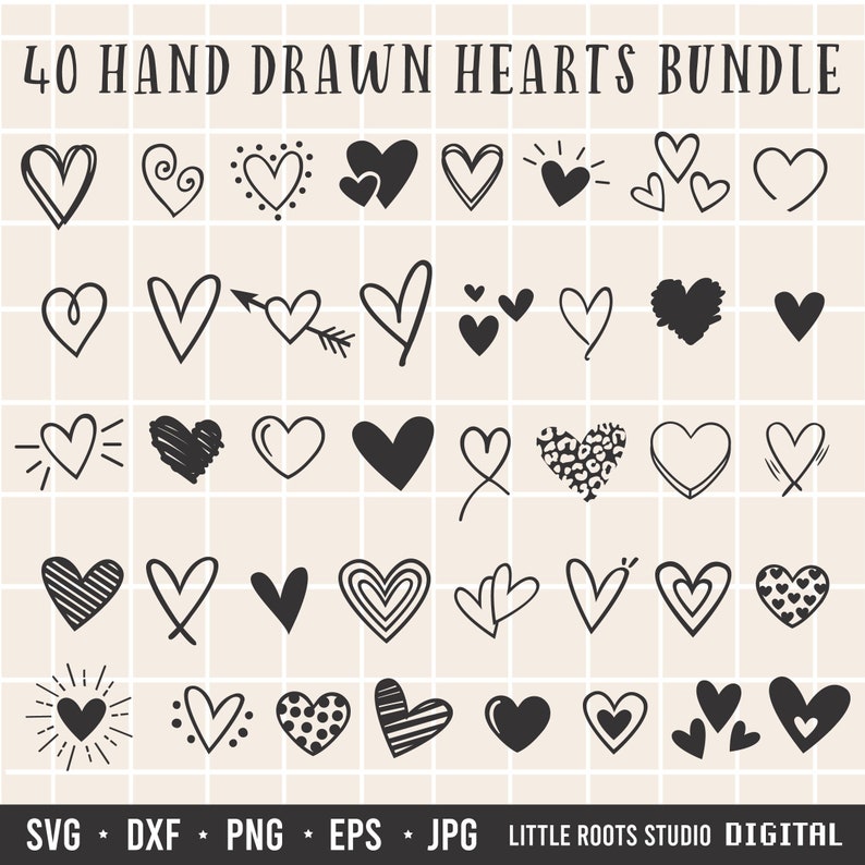 May include: A set of 40 hand-drawn heart illustrations in black on a white background. The hearts are in various styles, including simple outlines, filled-in shapes, and hearts with patterns. The text "40 HAND DRAWN HEARTS BUNDLE" is at the top of the image. The text "SVG DXF PNG EPS JPG LITTLE ROOTS STUDIO DIGITAL" is at the bottom of the image.