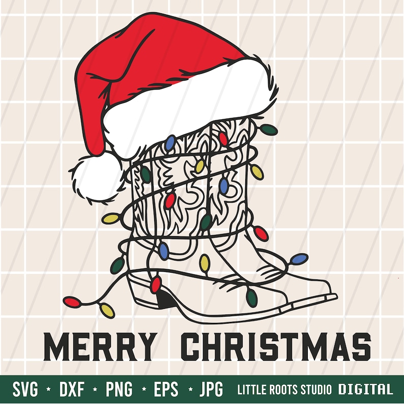 Puede incluir: Una ilustraci&oacute;n en blanco y negro de una bota vaquera con un gorro de Pap&aacute; Noel en la parte superior. La bota est&aacute; envuelta en luces de Navidad. El texto "Merry Christmas" est&aacute; debajo de la bota.