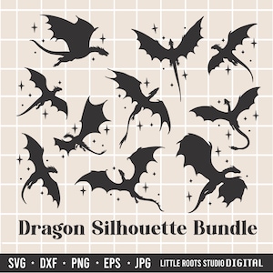 Può includere: Una collezione di sagome di draghi neri in varie pose, con accenti di stelle, su uno sfondo a griglia beige. Il testo "Dragon Silhouette Bundle" è visualizzato in basso, insieme alle opzioni di tipo di file: SVG, DXF, PNG, EPS e JPG.