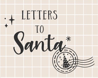 May include: Black and white graphic design with the text "Letters to Santa" and a stylized image of a Christmas tree inside a circle with a postage stamp design.