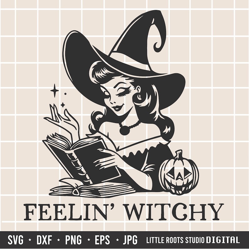 May include: Black and white illustration of a witch wearing a pointed hat and reading a book. The witch is holding a book in her left hand and a wand in her right hand. The witch is surrounded by stars and a pumpkin. The text "Feelin' Witchy" is written below the image.