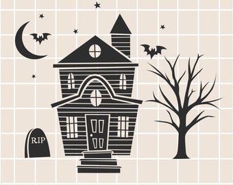 May include: A black and white Halloween-themed digital graphic featuring a haunted house, bats, a crescent moon, stars, a bare tree, and a tombstone with "RIP" on it. The image includes the text "SVG * DXF * PNG * EPS * JPG LITTLE ROOTS STUDIO Digital".