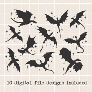 May include: Black dragon silhouettes in various poses, with star accents, against a beige grid background. The image includes the text "10 digital file designs included". The dragons have detailed wings and tails, suitable for fantasy-themed projects.