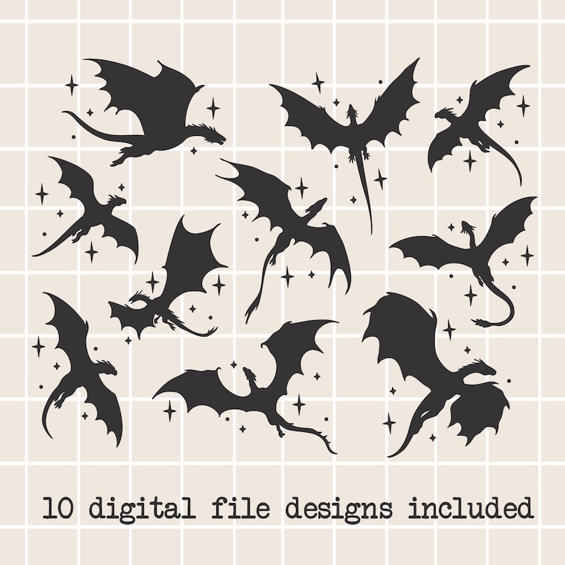 May include: Black dragon silhouettes in various poses, with star accents, against a beige grid background. The image includes the text "10 digital file designs included". The dragons have detailed wings and tails, suitable for fantasy-themed projects.