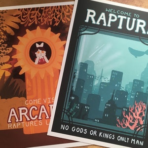 2pc Bioshock Rapture Inspired Postcard A5 Prints || Bioshock Welcome to Rapture and Visit Arcadia 2pc Print Set