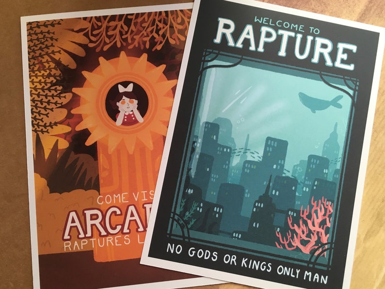 2pc Bioshock Rapture Inspired Postcard A5 Prints || Bioshock Welcome to Rapture and Visit Arcadia 2pc Print Set 